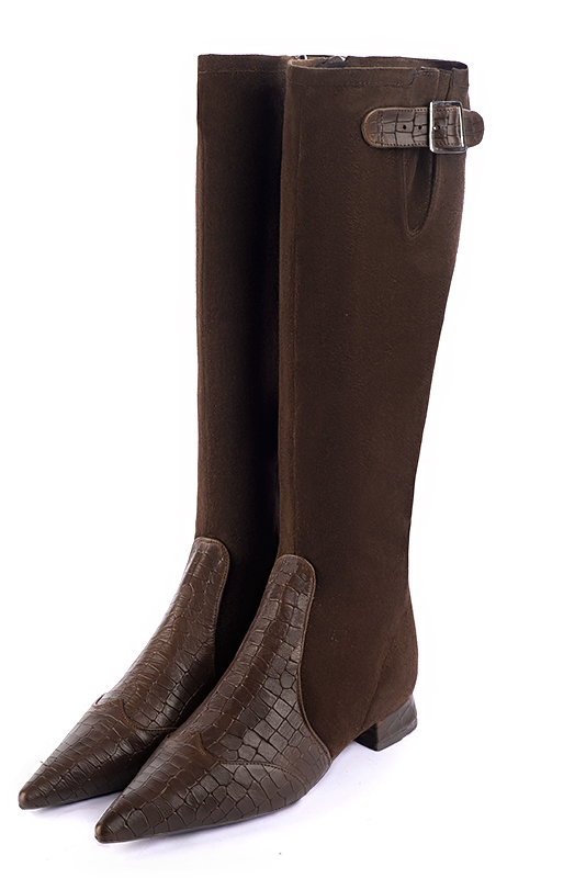 Dark brown women's knee-high boots with buckles. Pointed toe. Flat flare heels. Made to measure. Front view - Florence KOOIJMAN